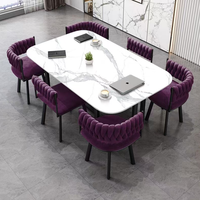 Ensemble de table à manger moderne en pierre frittée pour 6 personnes avec chaises rembourrées en rotin jaune - Meubles de salle à manger écologiques et durables pour la maison