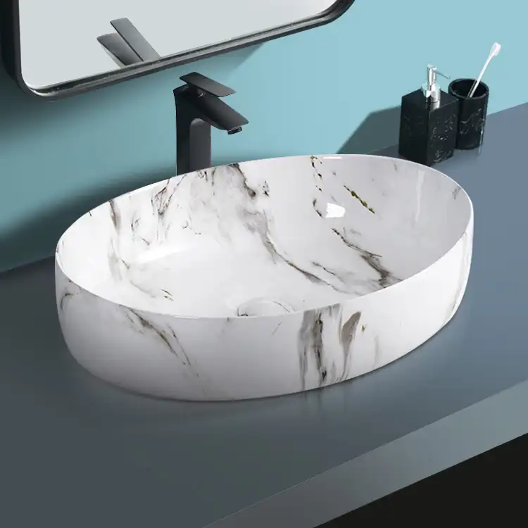 Lavabo de salle de bains en marbre blanc, artistique, Style européen, vasque de luxe en céramique, à poser sur plan existant, blanc