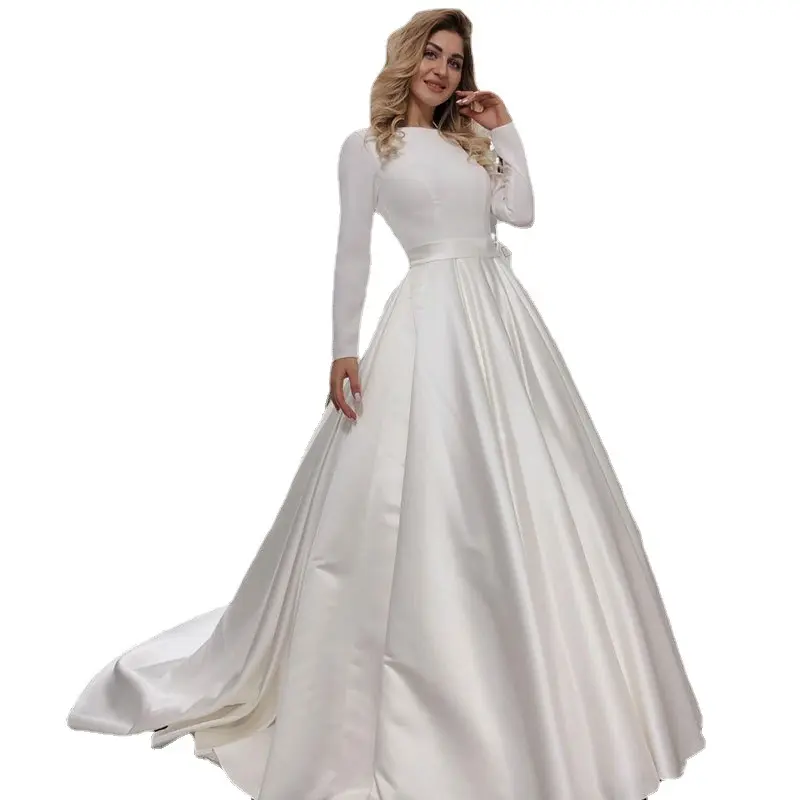 Simple Satin Wedding Dresses White Ivory Long Sleeves Sweep Train Bridal Gowns