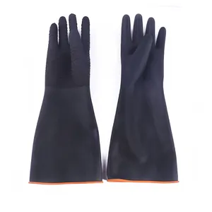 ขายส่ง14 "-24" อุตสาหกรรมเคมีทนยางสีดำย่นถุงมือป้องกันการทำงานถุงมือความปลอดภัย