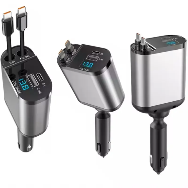 Retractable 38W 4-in-1 Fast Car Phone Charger Type C Adapter with Built-in Two USB Cables