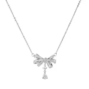 Exquisite Bowknot Pendant Square Zircon Luxury Vintage Pendant Titanium Steel Chain Necklace Jewelry Accessories For Women 2024