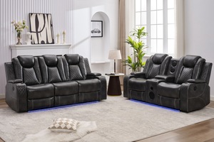Modern Power <b>Reclining</b> 3+2 LED Lighting Sofa Set with Massage Feature Cup Holders USB Ports & Drop-Down Table Leather Extendable - Product Image 2