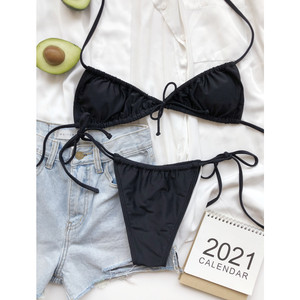 Set Bikini da Donna con Reggiseno a Fascia Profonda a V e Slip a Vita Bassa, Colore Caramella, Plissettato, Sexy, ad Asciugatura Rapida, per Mare e Spiaggia - Product Image 5