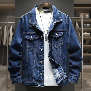 Veste en jean décontractée pour homme, col rabattu, boutonnage simple, bleu uni, manches longues, manteau d'automne - Product Image 3