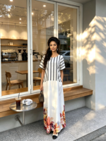 Robe décontractée musulmane à manches courtes, imprimée de pétales et rayée, collection été 2026, vente en gros pour boutiques