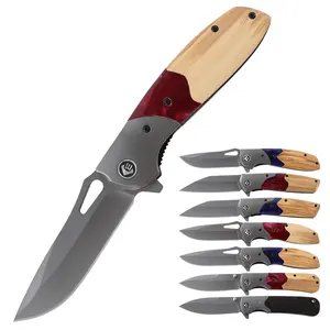 2024 New Customizable Steel Blade Epoxy Resin Wood Handle Splicing Handle Outdoor Folding Titanium Pocket Hunting Knife