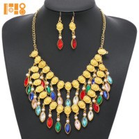 Collier de fleurs en strass œil de cheval multicouche Vintage Pendentif goutte d'eau Collier de fête de mariage Ensemble de bijoux pour femmes
