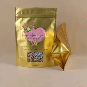 Impresión digital de oro resistente al agua, papel de aluminio de pie, material de calidad alimentaria, galletas, almacenamiento de aperitivos, bolsas de mylar con ventana