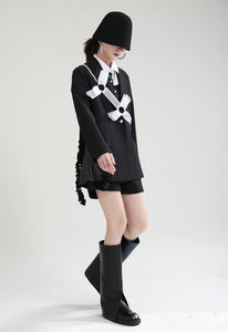 Traje negro con cuentas de flores de moda, chaqueta de mujer sólida de retazos con abertura lateral - Product Image 2