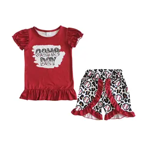 New Fashion Hot Sale Wholesale Boutique Clothing Summer Baby Girls Baseball Game Day Leopard Ruffle Shorts Clothes Set