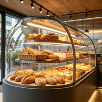 Airy Luxe Bakery & Coffee Market Stall Featuring Glass Display Case, Open Tiered Shelving, and Integrated Warm Lighting