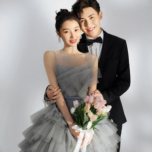 Elegant Gray Tulle Ball Gown Wedding Dress Strapless Natural Waist Long Train Studio Photography Outfit - Product Image 2