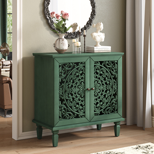 <b>Vintage</b> Hollow Carved Accent Cabinet 2 Door Display Storage Sideboard Symmetrical Floral Design Adjustable Shelf - Product Image 2