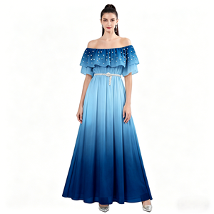 Robe longue élégante pour femme avec ceinture en perles, <span class=keywords><strong>deux</strong></span> modes de port, col à volants, strass et perles, imprimé dégradé de couleurs - Product Image 1