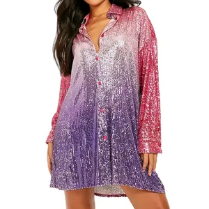 Fashion Sexy Oversized Long Sleeve Gradient Sequined Design Ladies Shirt Dresses Button Down Soft Silk Women Sequin Dresses