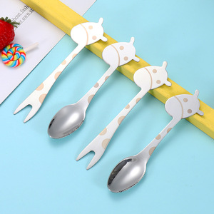Giraffe Fruit Spoon And Fork Set 304 Stainless Steel Cartoon Animal Shape Food Grade <b>Kids</b> <b>Dining</b> Utensils - Product Image 1