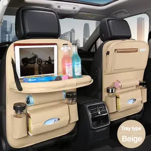 Tas penyimpanan gantung belakang mobil multifungsi, rak penyimpanan belakang kursi mobil multifungsi dengan tas penyimpanan kulit dan meja makan