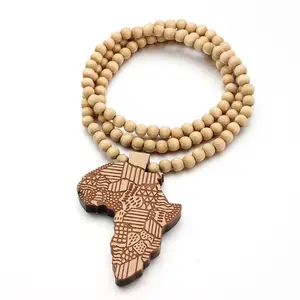 Collier avec pendentif en perles de bois pour hommes et femmes, bijoux Hip-hop, carte africaine, tendance