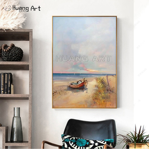 Pintura al óleo de paisaje de estilo moderno hecho a mano sobre lienzo pintor experto amanecer paisaje marino para decoración de habitación barco estacionado junto al <span class=keywords><strong>lago</strong></span> - Product Image 6