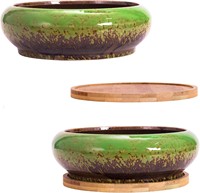 Grandes jardinières en céramique pour plantes succulentes, pot à bonsaï avec plateaux, jardinières réactives peu profondes rondes de 7,3 pouces pour plantes d'intérieur, cactus, fleurs