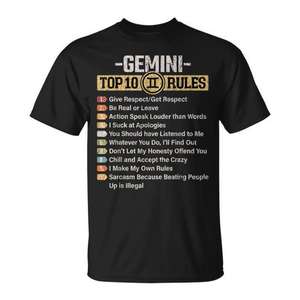 T-shirt graphique Gemini Top 10 Rules, design du signe du zodiaque, coupe unisexe - Product Image 1