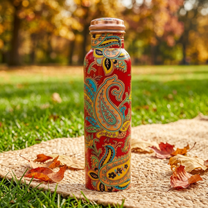 Bouteille d'eau en métal au design bohème avec couvercle, portable, pour usage extérieur, couleur rouge, motif cachemire - Product Image 1