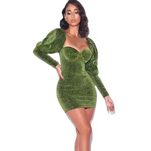 Women's Sexy Sweetheart Neckline Padded Cup Bodycon Backless Puff Long Sleeve Push Up Mini Sparkle Dress