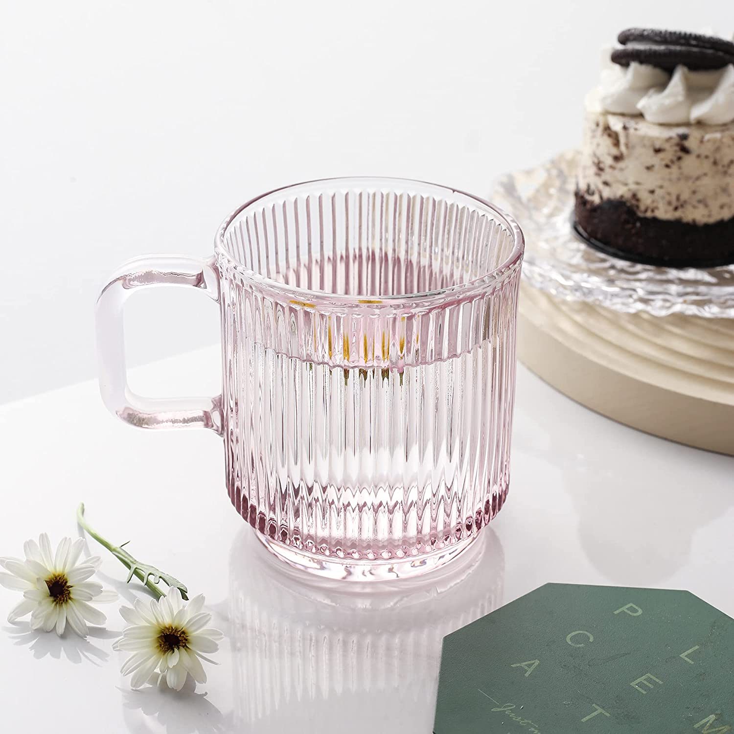 Pink Glass Coffee Mug with Lid  Premium Classical Vertical Stripes Glass Tea Cup 12.5oz