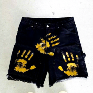 <b>Men's</b> Black Denim <b>Shorts</b> <b>Yellow</b> Handprint Design Mid Waist Drawstring Breathable High Street Style <b>Short</b> Length 100% Cotton - Product Image 1