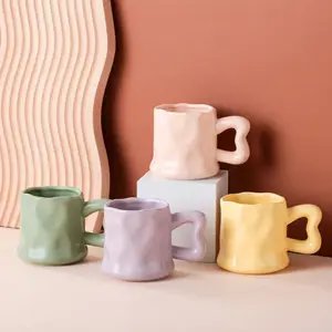 乐利ins创意不规则马卡龙彩色陶瓷杯可爱蝴蝶结手柄马咖啡杯和马克杯