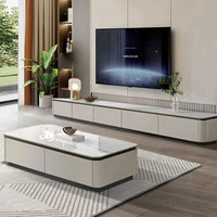 Ensemble Meuble TV et Table Basse en Bois Massif et Pierre Microcristalline, Style Luxe Moderne, avec Rangement – Meubles de Salon Multi-Tailles