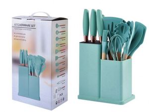 Ensemble d'ustensiles de cuisine en silicone écologique 19 pièces avec support de rangement pour couteaux couleur paille de blé - Product Image 2