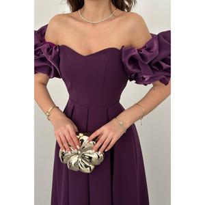 Vestido de Noche Estilo Princesa Vintage al por Mayor, ODM, Color Morado, Satén, Pliegues de Globo, Patrón Bordado, Cintura Imperio, Estilo Fiesta, Talla XL - Product Image 3