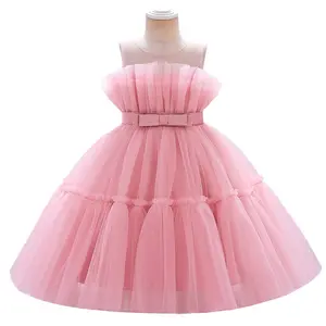 도매 패션 어린이 핑크 드레스 민소매 공주 원피스 소녀 공식 생일 세례 파티