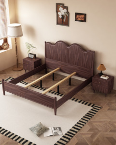 Solid Wood Double Bed Walnut Headboard French Provincial Mid-Century Modern Bedroom Furniture Zy890 Solid Wood <b>Frame</b> Eco-friendl - Product Image 2