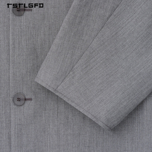 Ensemble 2 pièces gris minimaliste pour homme : veste sans col boutonnée et pantalon large – Style décontracté et coupe ample de créateur - Product Image 6