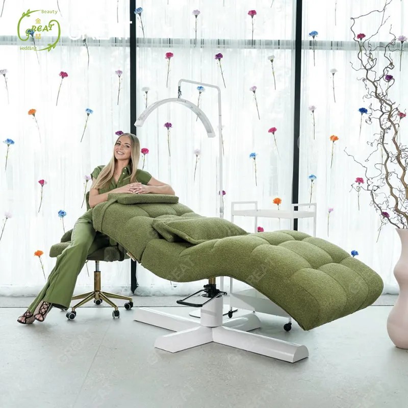 Vendita calda salone di bellezza mobili in tessuto verde curvo spa letto moderno cosmetico curvo per ciglia