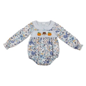 Mameluco de manga larga con estampado de calabaza y flores azules para niñas, mono con cierre de cremallera, conjunto de Hermanos al por mayor para bebés - Product Image 1