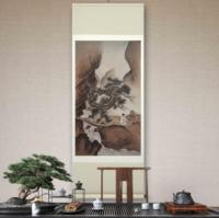Peinture sur soie traditionnelle chinoise 100% peinte à la main, paysage de cascade zen et pin, 100x55cm, décoration murale pour bureau