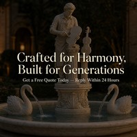Fontaine de jardin en marbre sculptée à la main avec statue de luthier et deux becs de cygne, bassin à trou en F pour violon, pour l'aménagement paysager de villas et de terres de famille