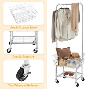 Panier à linge roulant, concierge de blanchisserie commercial avec panier de rangement en fil métallique, chariot à linge en métal avec barre de suspension - Product Image 4