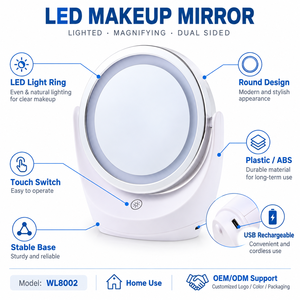 <span class=keywords><strong>Espejo</strong></span> <span class=keywords><strong>de</strong></span> Maquillaje <span class=keywords><strong>Redondo</strong></span> Recargable con Luz LED, Sensor Táctil, Rotación <span class=keywords><strong>de</strong></span> 360° y Diseño <span class=keywords><strong>de</strong></span> Doble Cara - Product Image 2