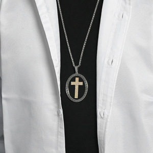 <b>Cross</b> Pendant Necklace For Men Stainless Steel Pave Setting Black Oval Design Hip Hop Style Sweater <b>Chain</b> - Product Image 3