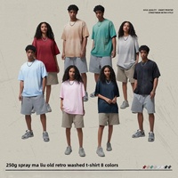 Kaos Pria Lengan Pendek Oversize Katun Murni Vintage Distressed Washed Solid Warna Polos Hasil Akhir Bleached Breathable 280