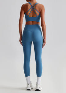 2 Piece Yoga Set Crisscross Back <b>Crop</b> <b>Top</b> High Waist Full Length Leggings Seamless Solid Color Spandex Polyester - Product Image 5