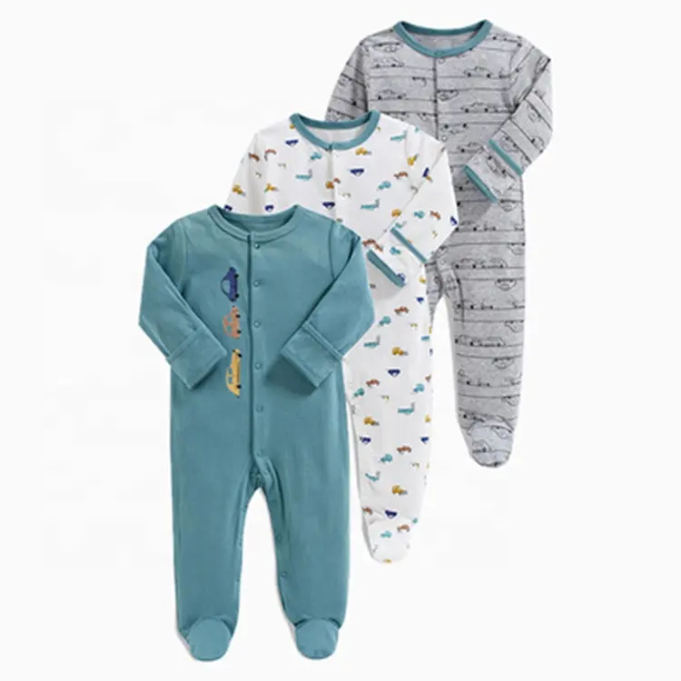 Confezione da 3 vestiti per bambini tuta da notte stampa di cartoni animati bottoni a maniche lunghe pagliaccetto per bambini tuta da notte set pigiama neonato