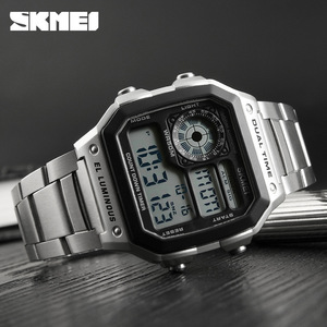 Skmei Digital Watch Men Stainless Steel Band Dual Time Luminous Alarm Stopwatch 5Bar Water Resistant - Product Image 1