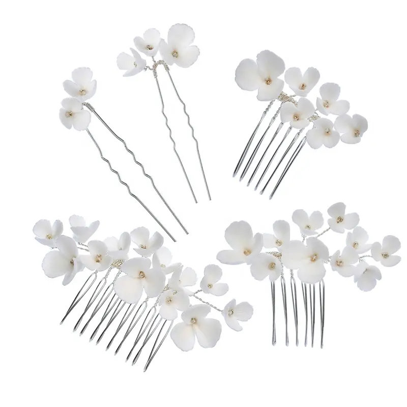 Ameliewedding Factory Sell Delicate Handmade Porcelain White Flower Hair Comb Bride Accessories Hairpin Wedding