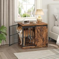 Table d'appoint pour chien en bois massif haut de gamme, style ferme moderne, avec porte coulissante type grange, tiroir, séparateur et résistance à la mastication, taille moyenne